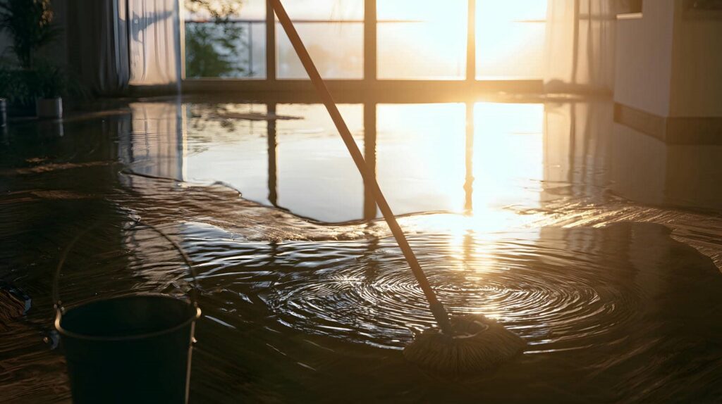 Mop and bucket cleaning a wet floor with sunlight streaming through large windows.