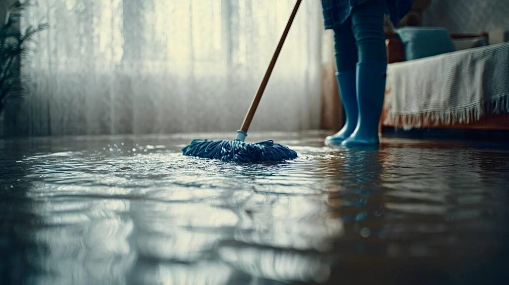 Person in blue boots mopping a flooded floor inside a room.
