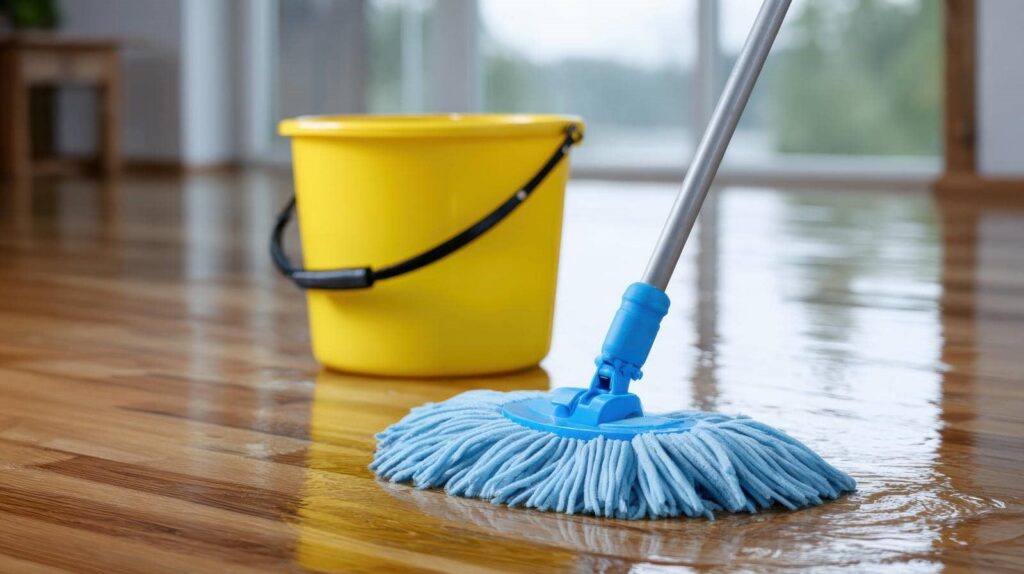 Blue mop head cleaning a wet wooden floor with a yellow bucket in the background.