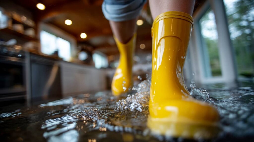 Yellow rain boots splashing through shallow water indoors.