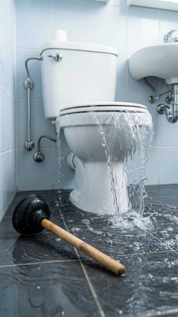 Overflowing toilet flooding a bathroom floor with a plunger nearby.