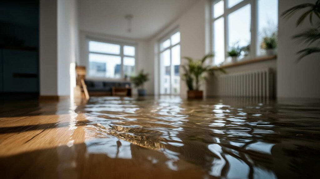 Water flooding the wooden floor of a bright living room with large windows and plants.