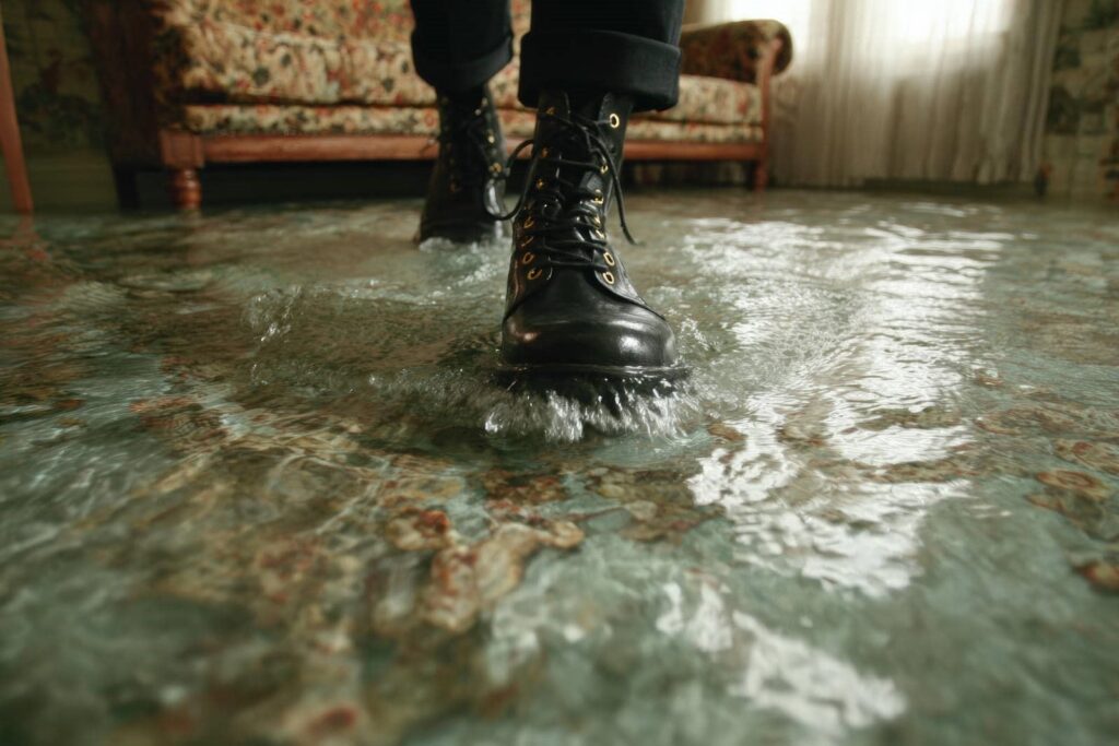 Black boots splashing through water flooding a living room with a floral couch in the background.