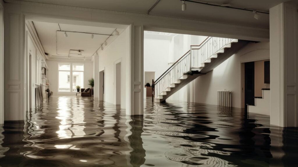 Flooded interior of a modern house with water covering the floor and a staircase visible.