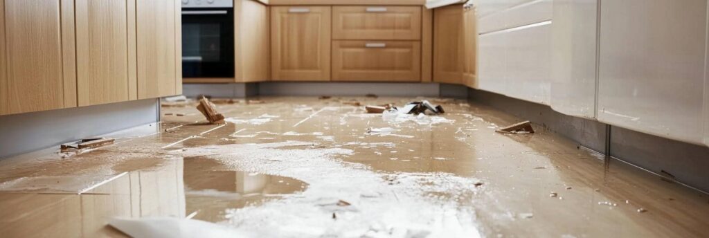 Flooded kitchen floor with water and debris scattered around.