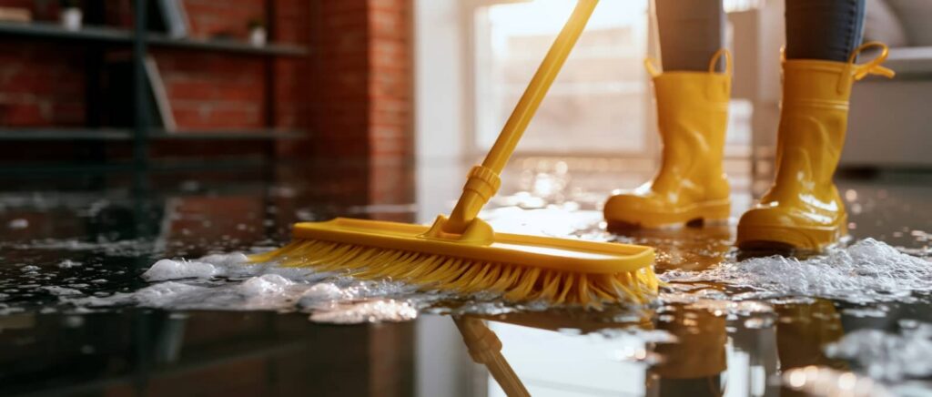 Yellow boots and broom cleaning floodwater indoors.