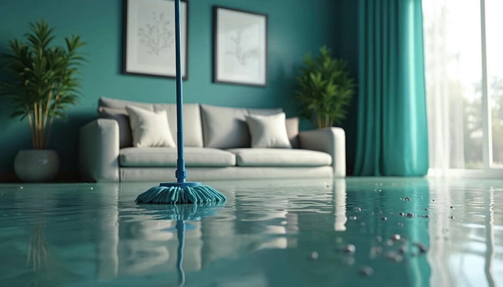 Mop cleaning water off a flooded living room floor with a sofa and plants in the background.