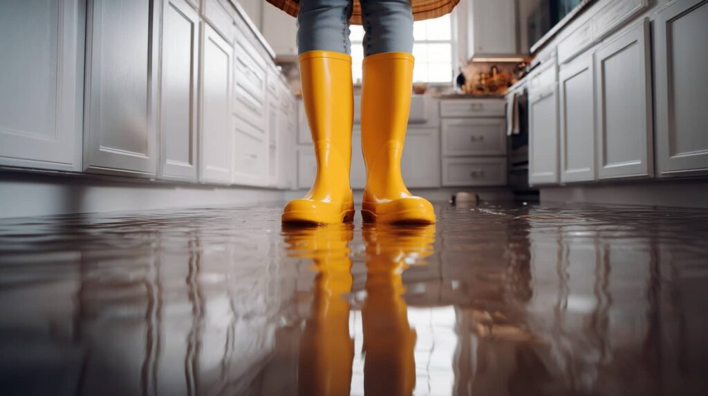 Person in yellow rain boots standing in a flooded kitchen.