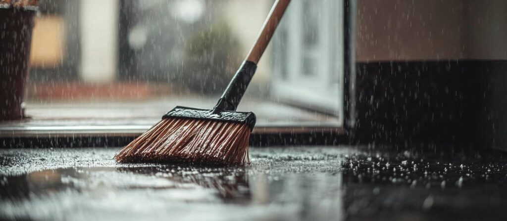 A broom sweeping water on a wet floor near a doorway during rain.