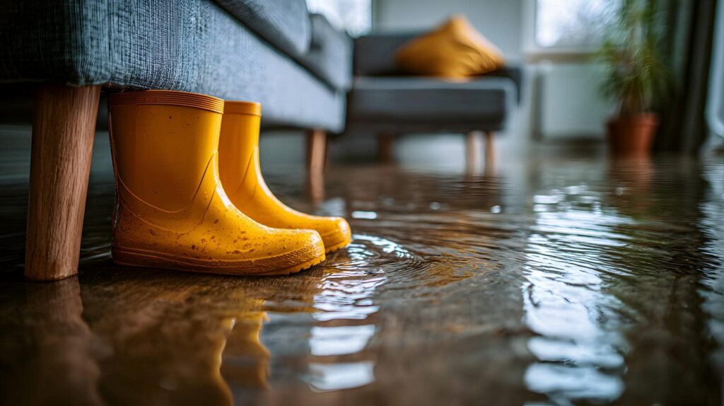 Yellow rain boots on a flooded floor inside a living room with a gray sofa and a plant.