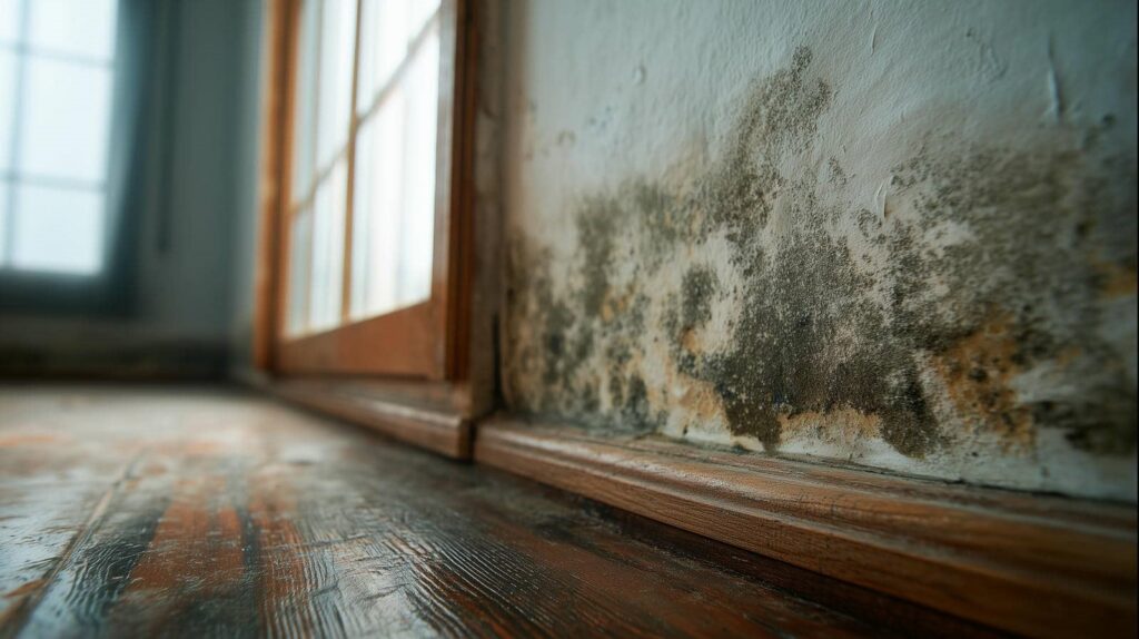 Mold growth on a wall near a wooden floor and door frame.