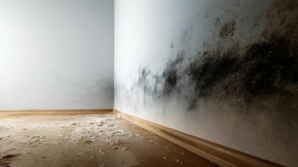 Black mold growth on a white wall above a wooden floor covered in debris.