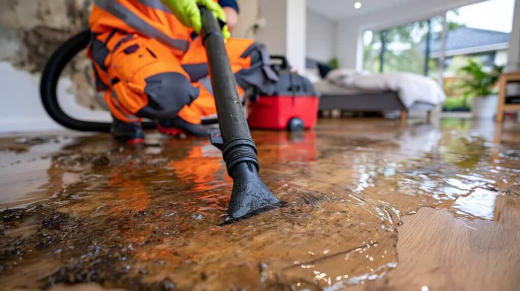 Worker vacuuming floodwater from a home floor.