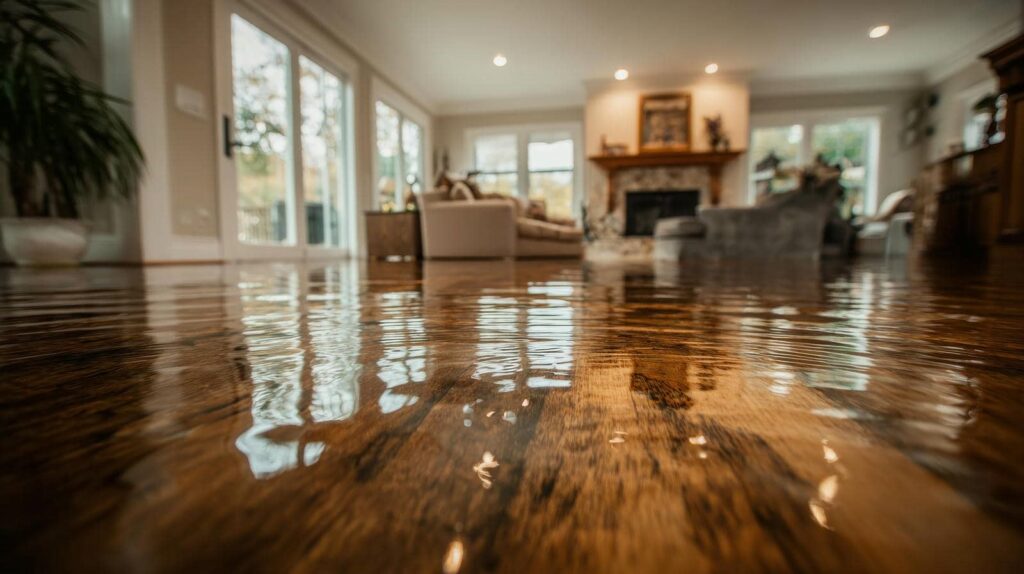 Flooded living room with water covering the wooden floor and furniture in the background.