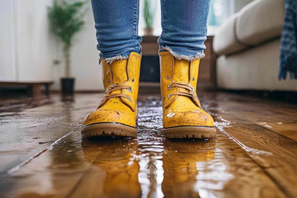 Person wearing yellow rain boots standing on a wet wooden floor indoors.