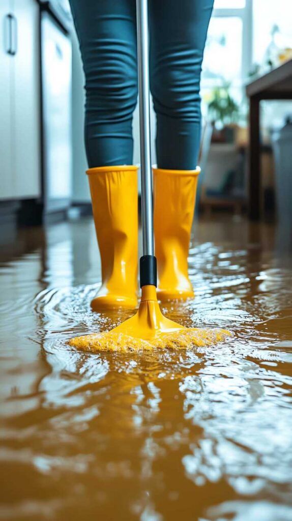 Person in yellow boots mopping floodwater indoors.