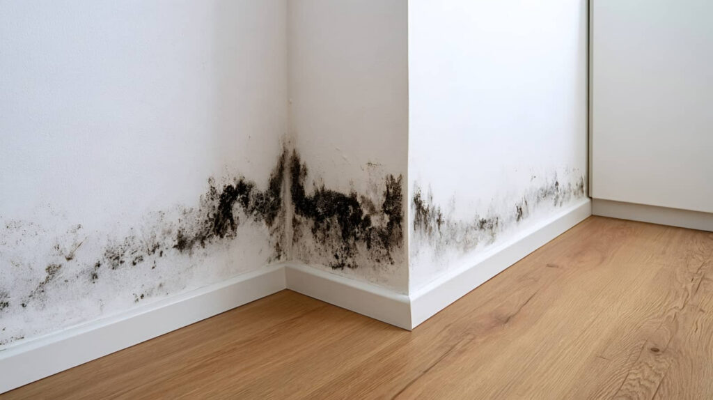 Black mold stains on a white wall corner above a wood floor.