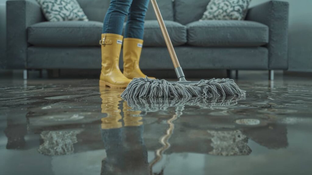 Person mopping floodwater in a living room.