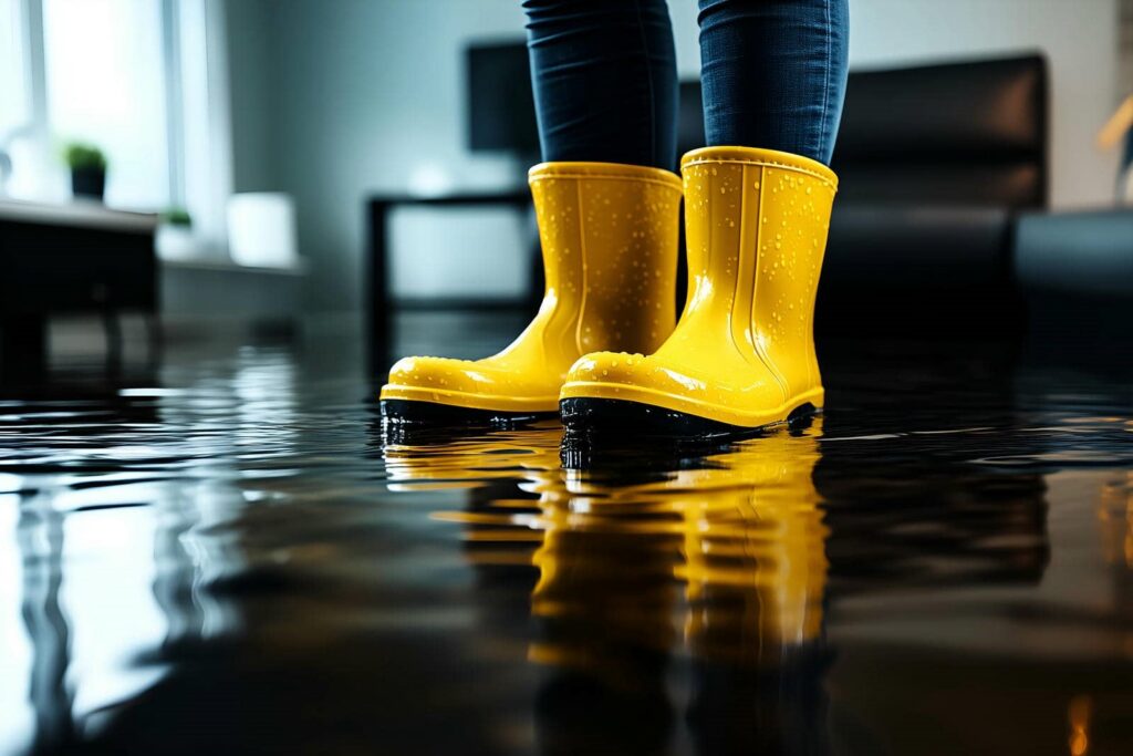 Person wearing yellow rain boots standing in a flooded indoor room.