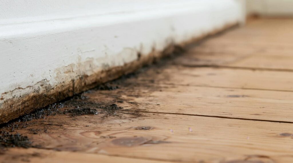 Mold and dirt buildup along the baseboard on a wooden floor.