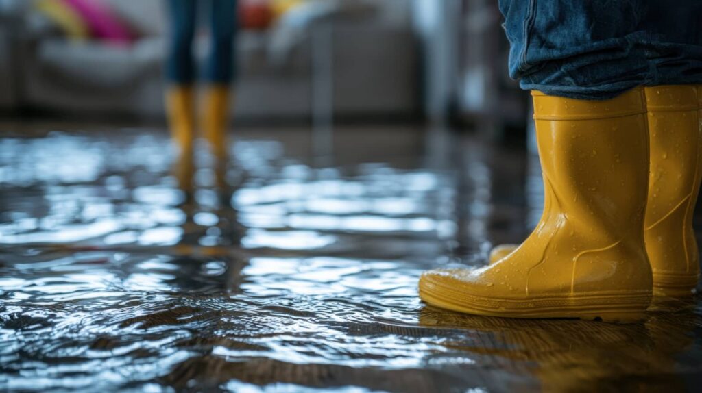 Yellow rain boots standing in shallow indoor floodwater.