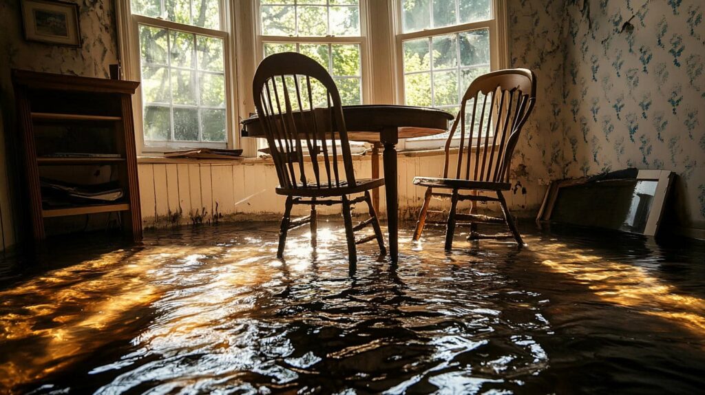 Sunlight reflects on floodwater covering the floor of a room with a table and two wooden chairs.