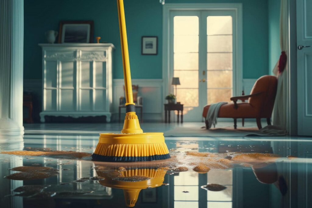 Yellow mop cleaning a wet, soapy floor in a bright, elegant living room with a chair and cabinet.