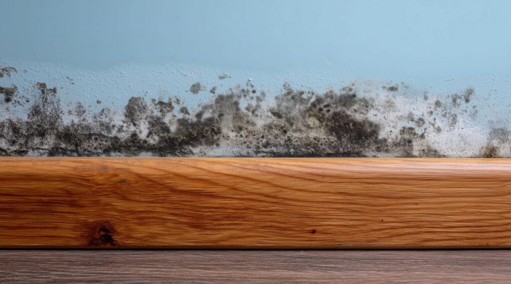 Black mold growing on a blue wall above a wooden baseboard and floor.