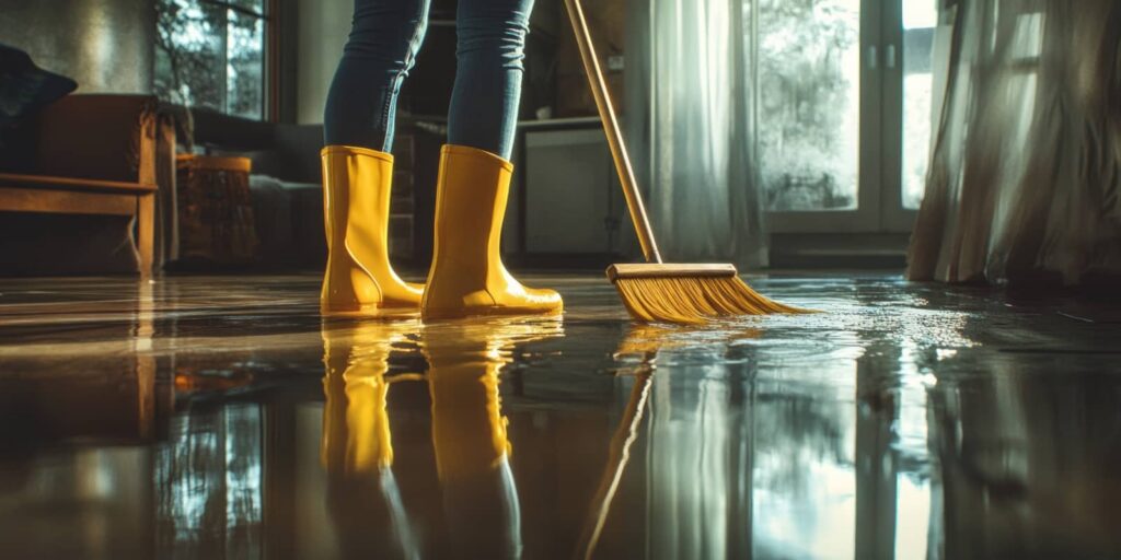 Person in yellow rain boots mopping a flooded floor.