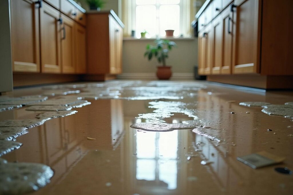 Water spilled and foaming on a kitchen floor between wooden cabinets.