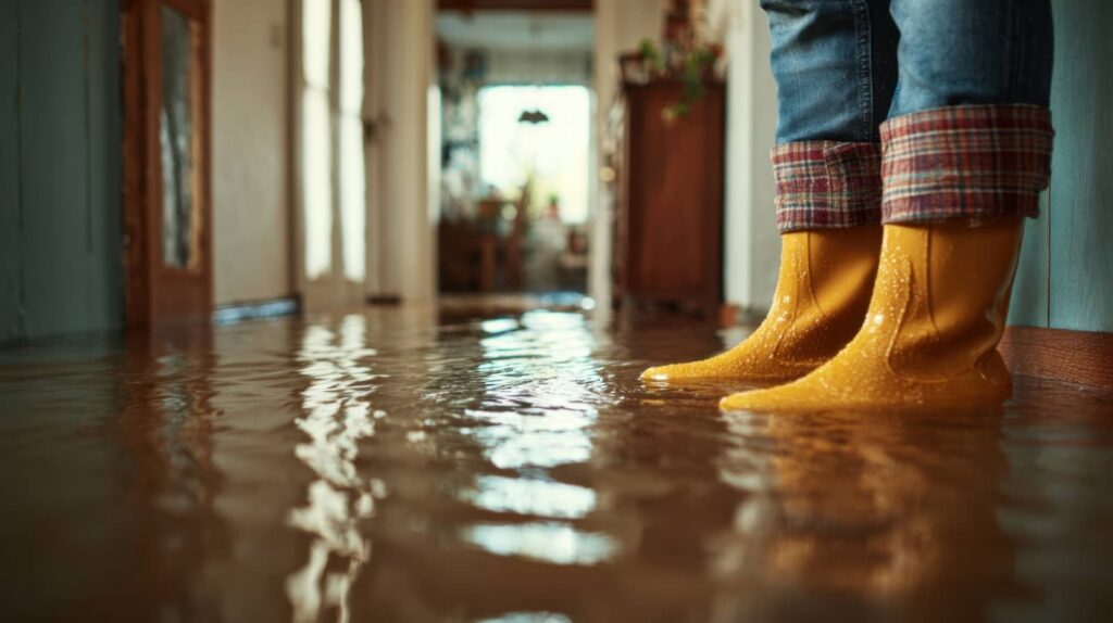 Yellow rain boots standing in flooded hallway.