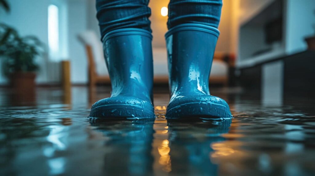 Person wearing blue rain boots standing in a flooded indoor room.