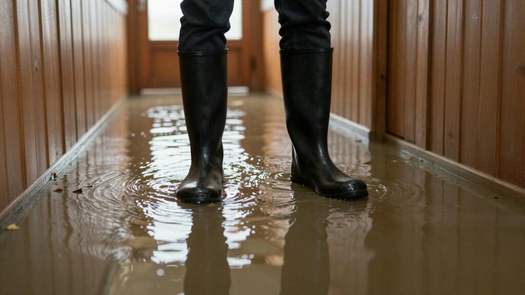 Person wearing black rain boots standing in a flooded wooden hallway.