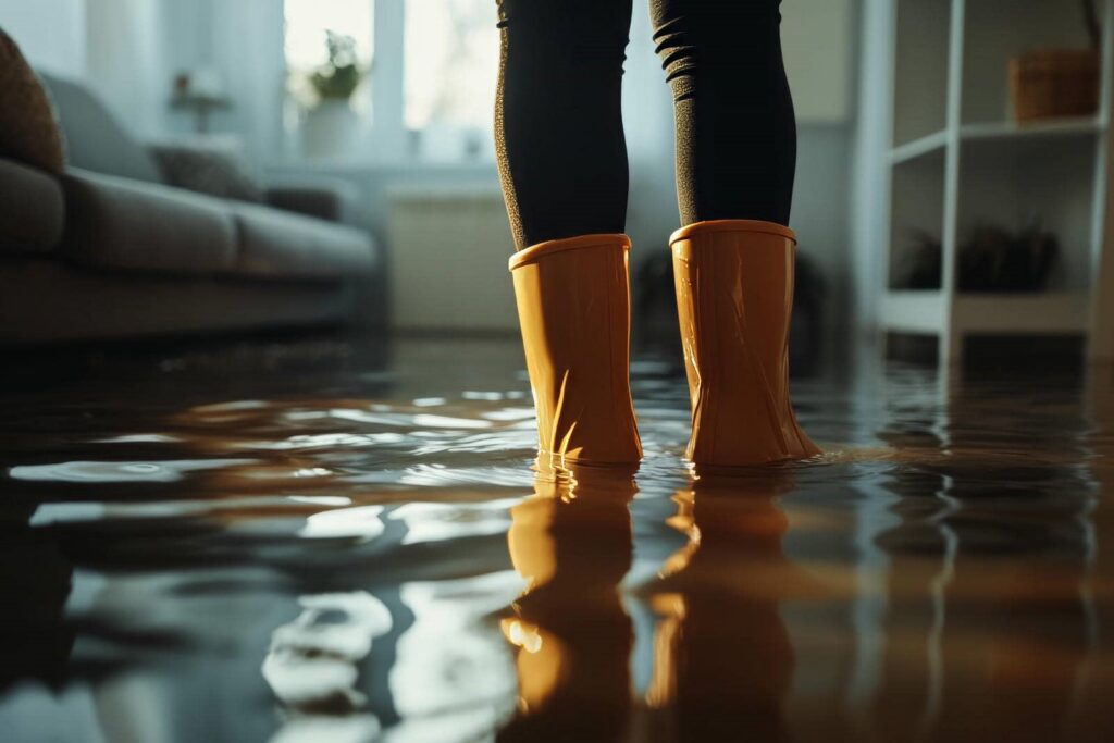 Person wearing yellow rain boots standing in a flooded living room with water covering the floor.
