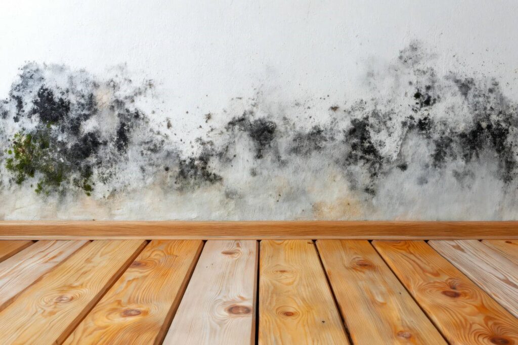 Black and green mold growing along the bottom of a white wall above a wooden floor.