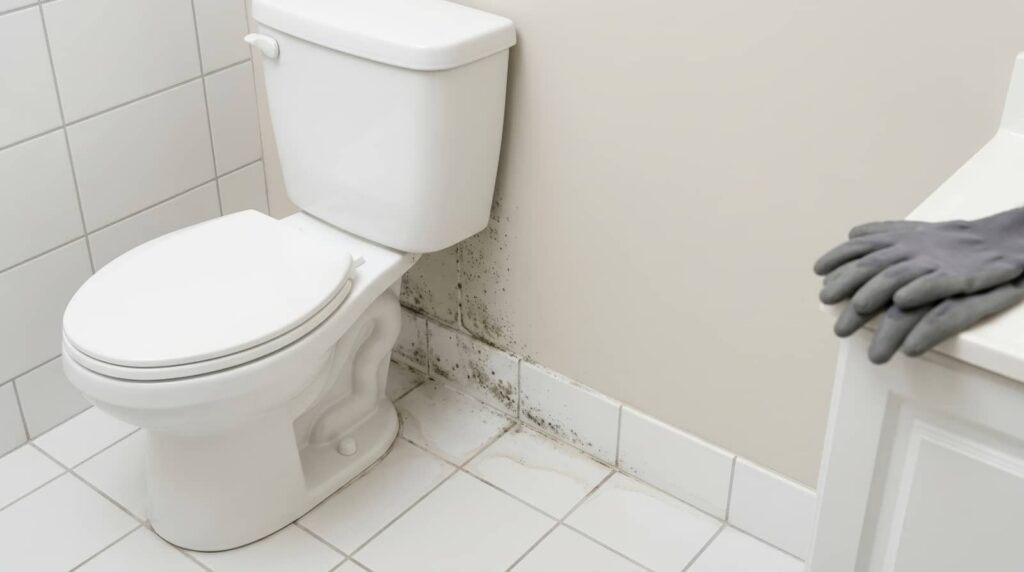 Bathroom toilet with black mold on the wall behind it.