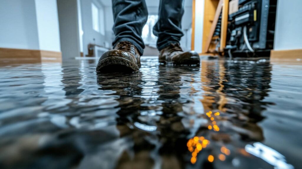 Person wearing boots standing in a flooded indoor floor with water reflections.