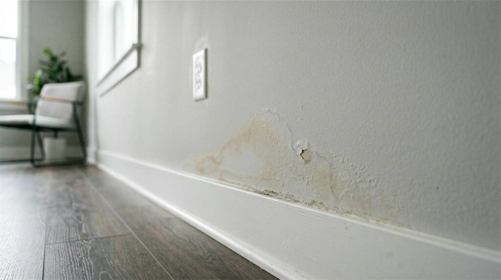 Peeling and stained wall near baseboard in a room with wooden floor and a chair in the background.