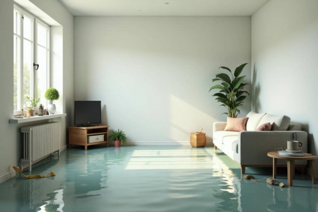 Living room with light flooding in and water covering the floor, partially submerging furniture and plants.