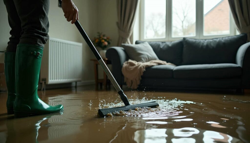 Person in green boots using a squeegee to remove water from a flooded living room floor.