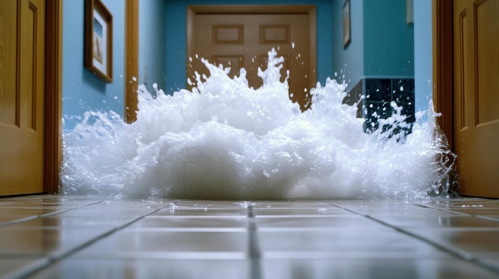 Water flooding and splashing in a tiled hallway with wooden doors on both sides.