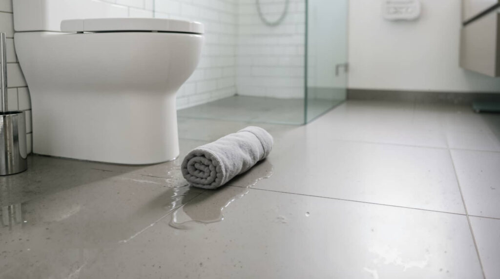 Rolled towel on a wet bathroom floor beside a toilet.