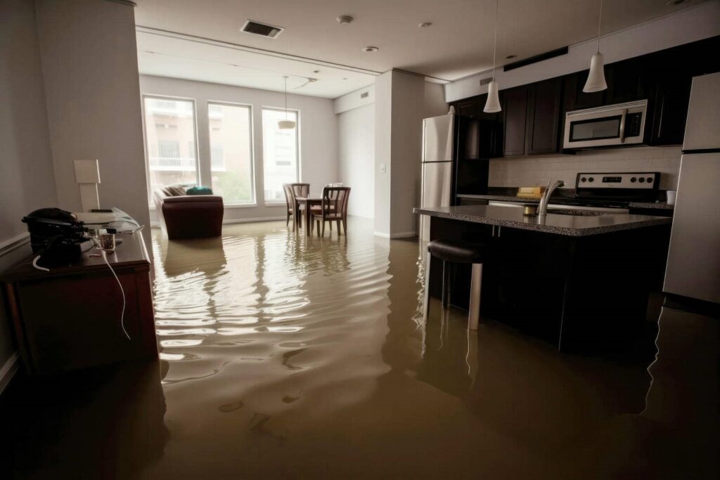 Floodwater covering the floor of a modern kitchen and dining area.
