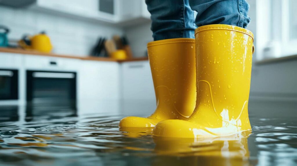 Person wearing yellow rain boots standing in a flooded kitchen with water on the floor.