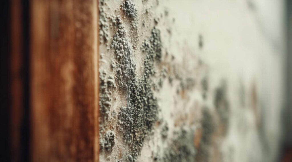 Close-up of black mold growing on a wall near a wooden surface.