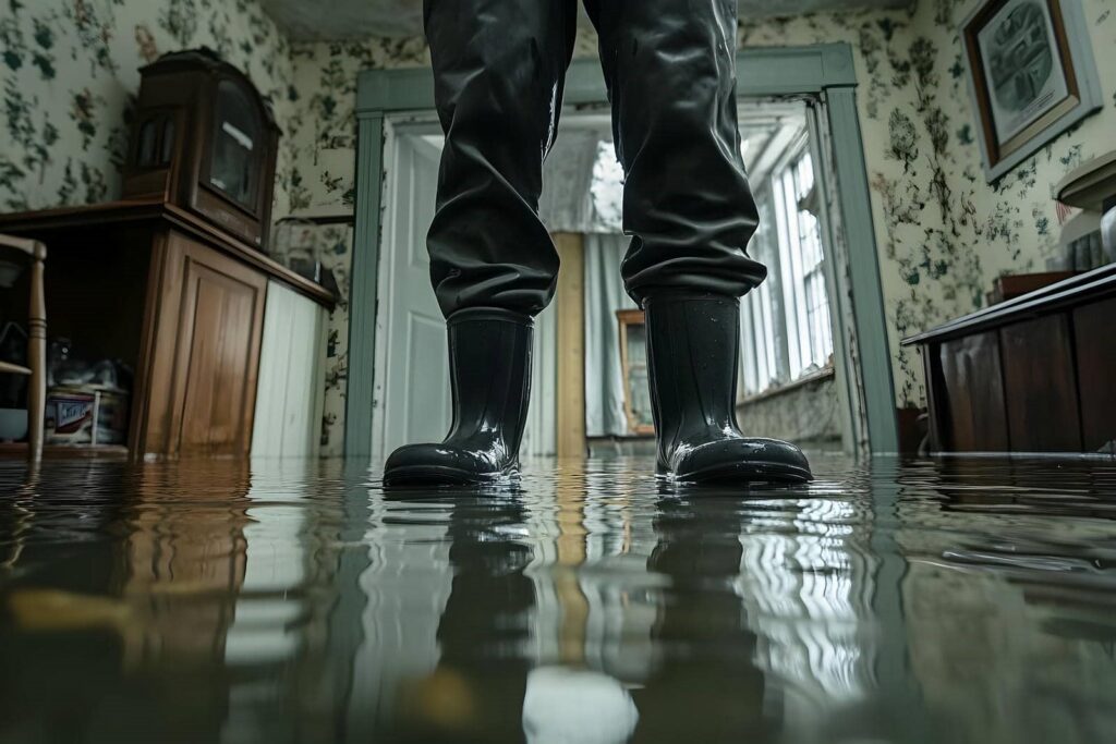 Person wearing black rubber boots standing in a flooded room with water covering the floor.
