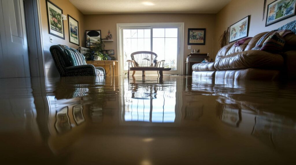 Living room flooded with water nearly reaching the furniture seats.