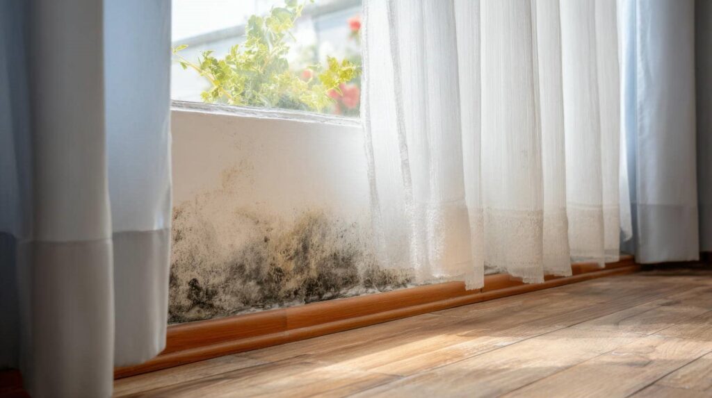 Mold growth on the lower part of a wall beneath a window with sheer white curtains.