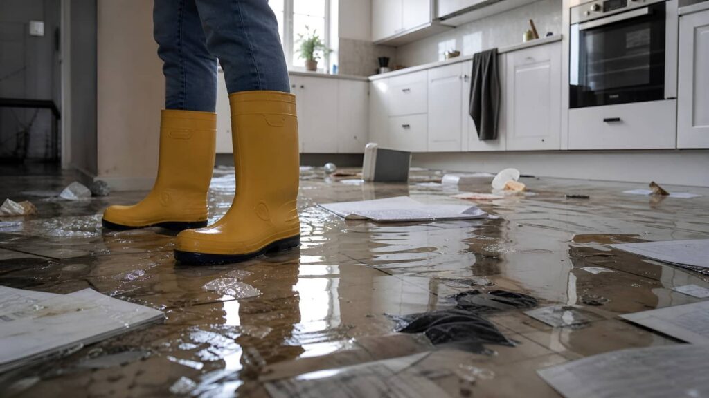 Person in yellow rain boots standing in a flooded kitchen.