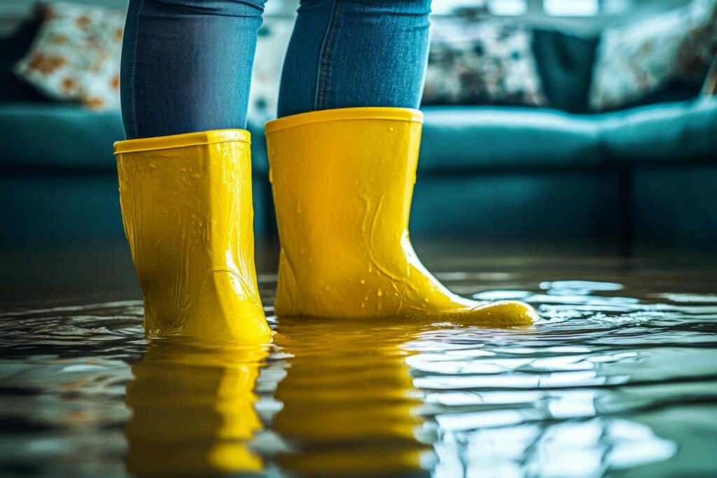 Person wearing yellow rain boots standing in water inside a flooded room.